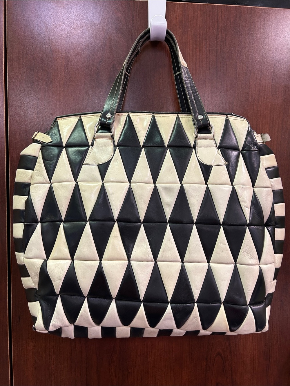 RARE VINTAGE Black & Cream Harlequin pattern leather Geometric Tote/satchel bag